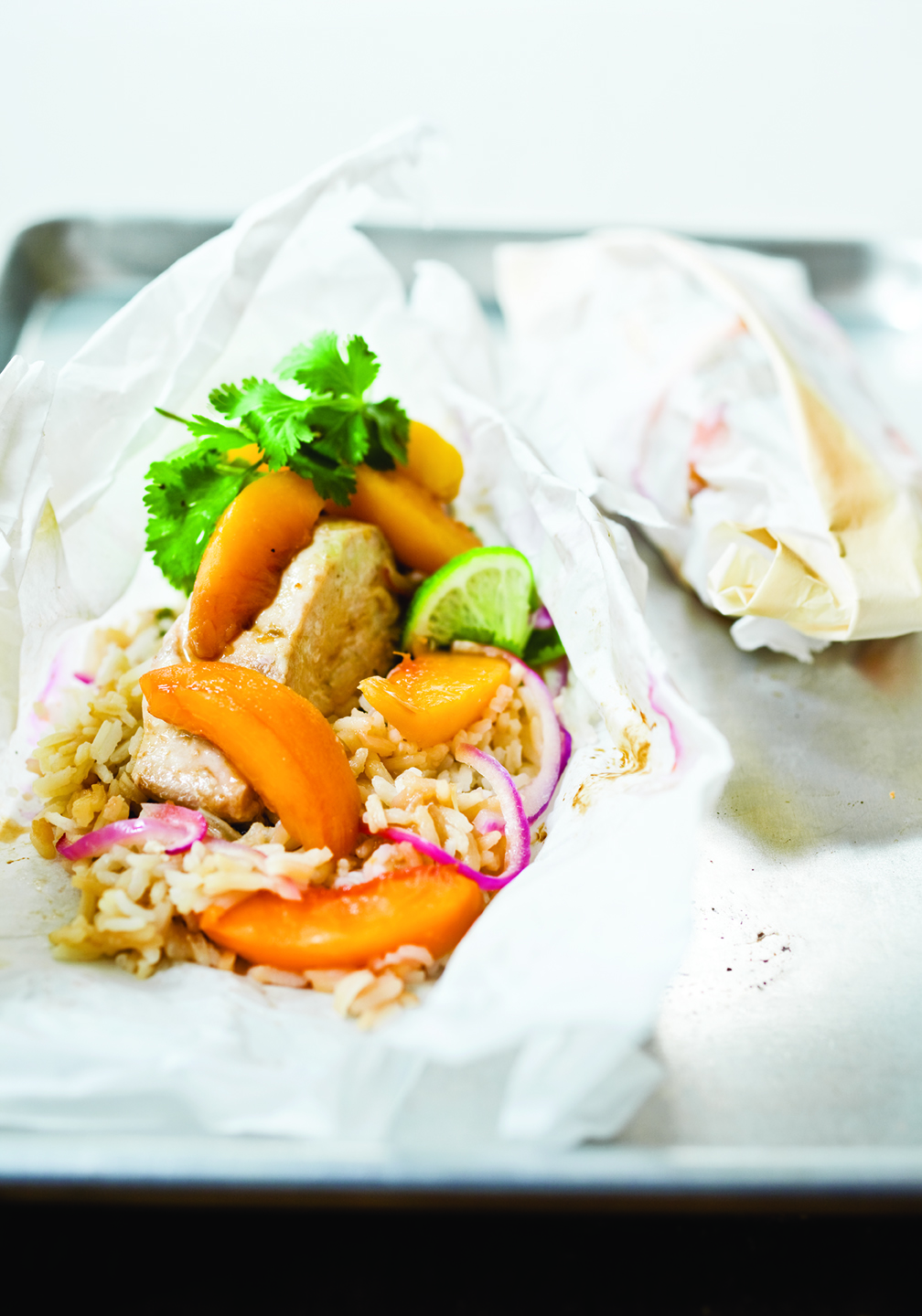 Fish in Parchment with Peaches, Soy, and Jasmine Rice