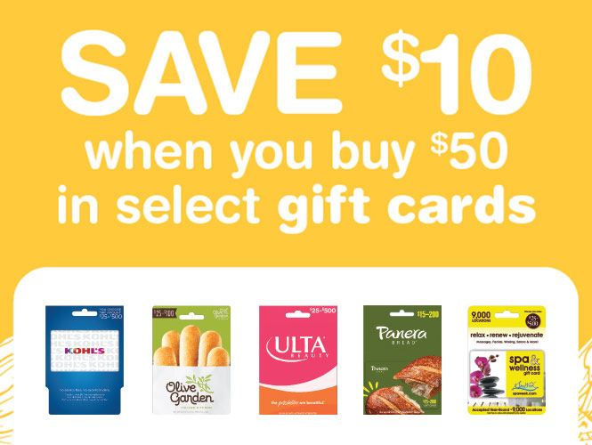 Save $10 when you purchase $50 or more in selected gift cards at your local Food City grocery store. Gift cards are the perfect gift for her SPECIAL MOMent.