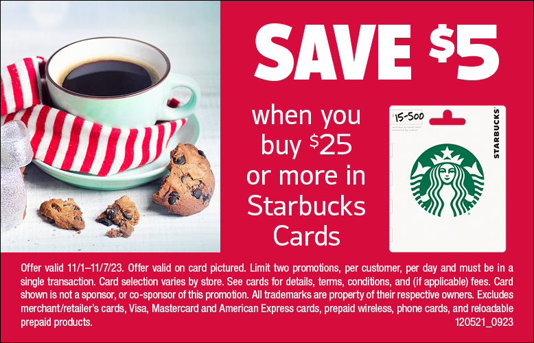 $10 Starbucks Gift Card - Free with Qualifying Purchases Over $100