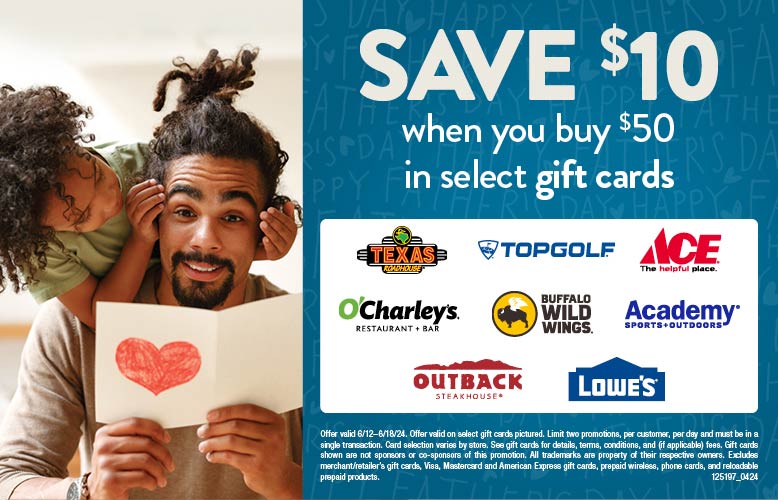 Save $10 when you buy $50 of select gift cards.