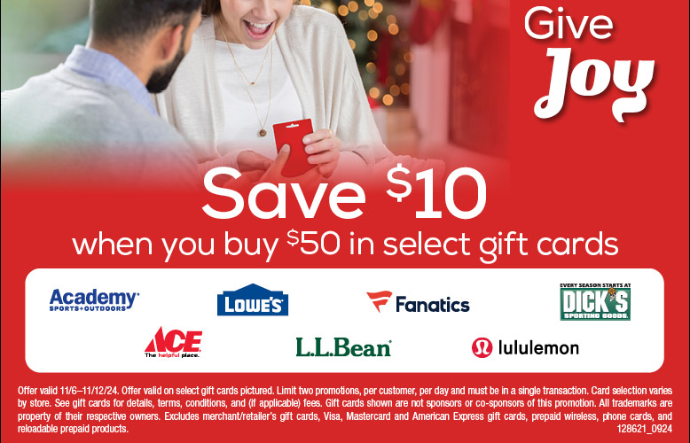 Save $10 when you buy $50 of select gift cards.