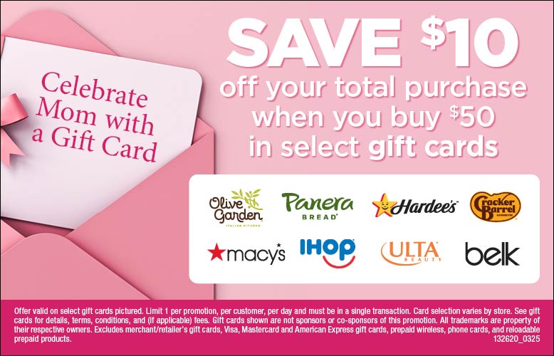 Save $10 you buy $50 of select gift cards with digital coupon. ValuCard required. May 7-13, 2025 only. LIMIT 1.