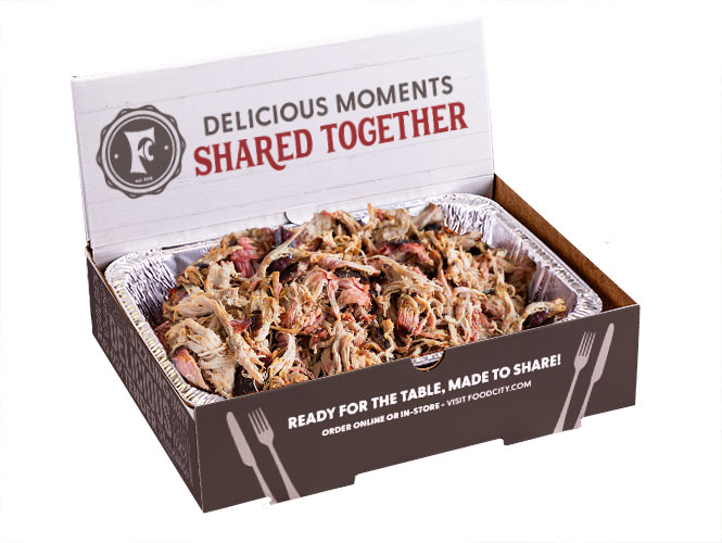Food City slow smokes pork BBQ, then hand-pulled for the perfect texture. Our party boxes come ready to serve with a tangy BBQ sauce.