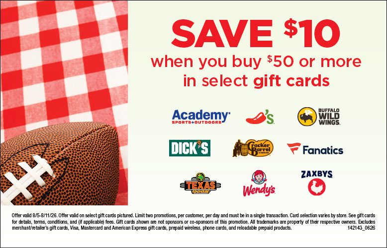 Save $10 when you buy $50 in select gift cards at your local Food City® grocery store.