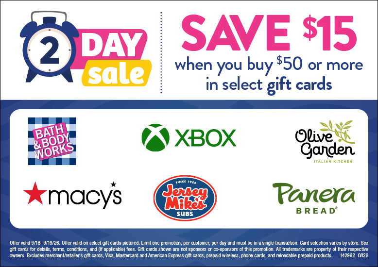 Save $15 when you buy $50 in select gift cards at your local Food City® grocery store.
