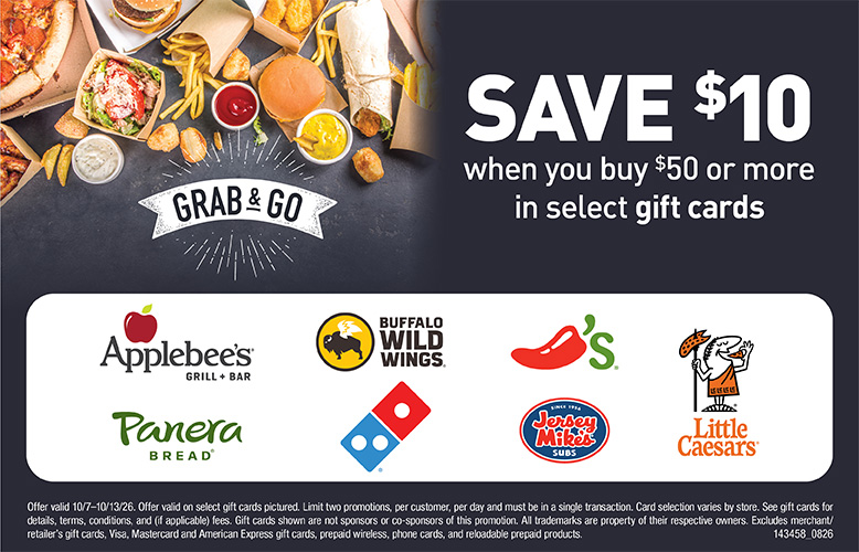 Save $10 when you buy $50 in select gift cards at your local Food City® grocery store.