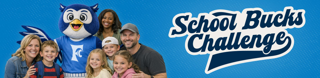 School Bucks Challenge Banner with kids and their parents with our school bucks' mascot.