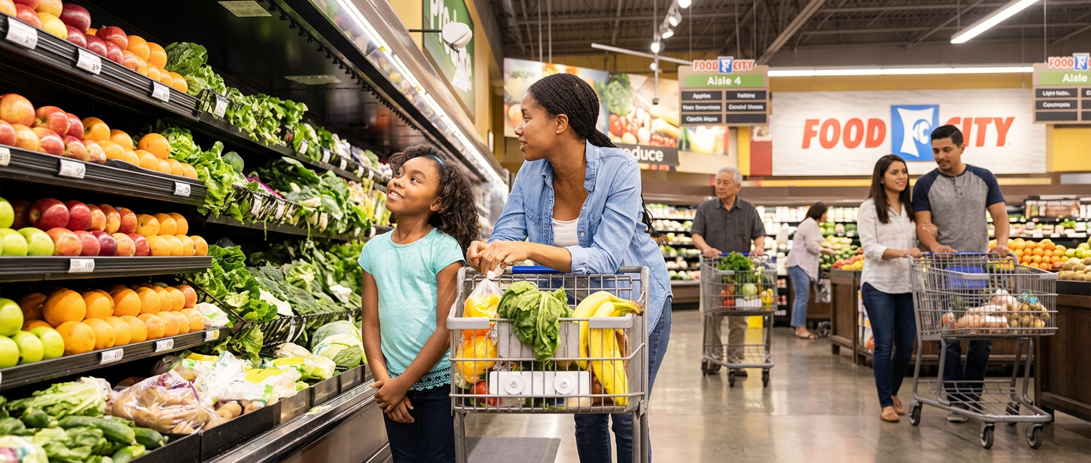 A mother and daughter shopping through Food City, earning points for their school during school bucks.