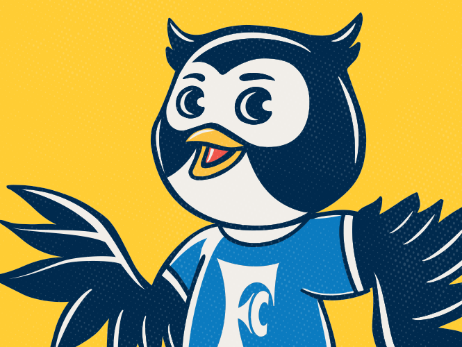 School Bucks Mascot Skip. He is a navy blue and white owl wearing his Food City shirt.