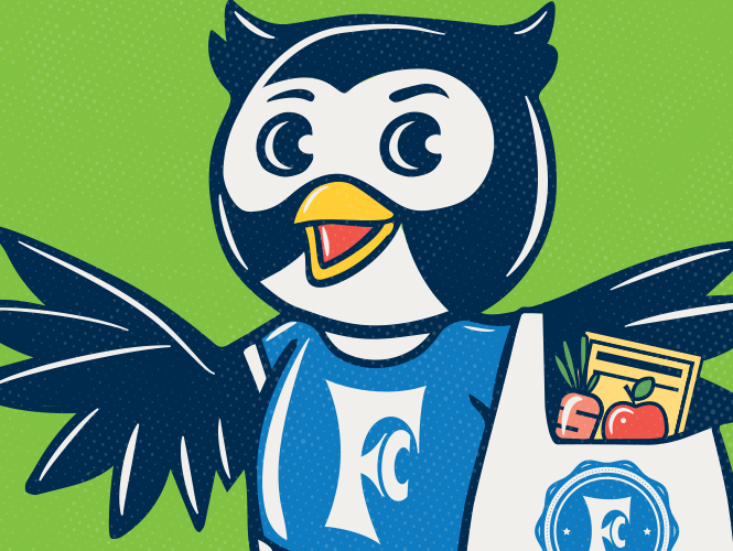 School Bucks Mascot Skip. He is a navy blue and white owl wearing his Food City shirt and carrying his groceries.