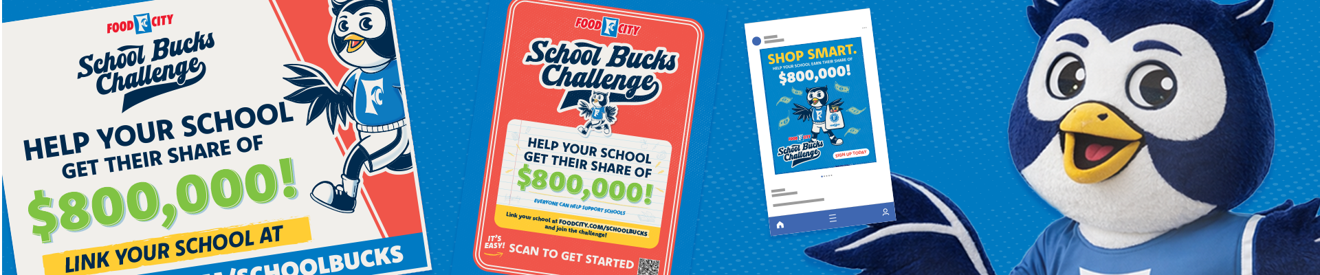 School Bucks Banner with the Mascot, Skip, and the downloads and materials for the School Bucks Program.